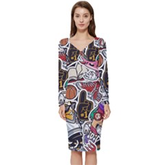 Vintage College Colorful Seamless Pattern Long Sleeve V-neck Bodycon Dress  by Pakemis