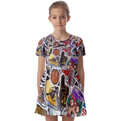 Vintage College Colorful Seamless Pattern Kids  Short Sleeve Pinafore Style Dress