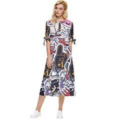 Vintage College Colorful Seamless Pattern Bow Sleeve Chiffon Midi Dress by Pakemis