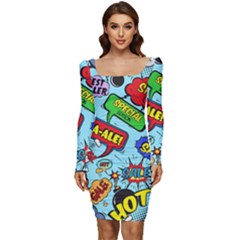 Comic Bubbles Seamless Pattern Women Long Sleeve Ruched Stretch Jersey Dress by Pakemis