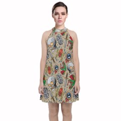 Tattoo Pattern Velvet Halter Neckline Dress 