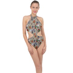 Tattoo Pattern Halter Side Cut Swimsuit