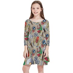 Tattoo Pattern Kids  Quarter Sleeve Skater Dress by Pakemis