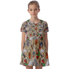 Tattoo Pattern Kids  Short Sleeve Pinafore Style Dress