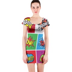 Pop Art Comic Vector Speech Cartoon Bubbles Popart Style With Humor Text Boom Bang Bubbling Expressi Short Sleeve Bodycon Dress by Pakemis