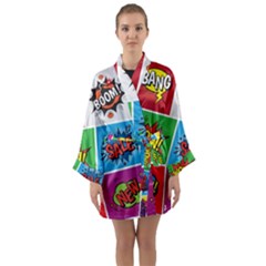 Pop Art Comic Vector Speech Cartoon Bubbles Popart Style With Humor Text Boom Bang Bubbling Expressi Long Sleeve Satin Kimono by Pakemis