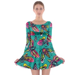 Vintage Colorful Insects Seamless Pattern Long Sleeve Skater Dress by Pakemis