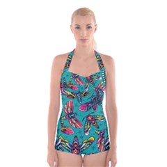 Vintage Colorful Insects Seamless Pattern Boyleg Halter Swimsuit  by Pakemis