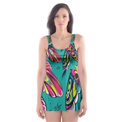 Vintage Colorful Insects Seamless Pattern Skater Dress Swimsuit