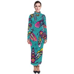 Vintage Colorful Insects Seamless Pattern Turtleneck Maxi Dress