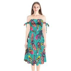 Vintage Colorful Insects Seamless Pattern Shoulder Tie Bardot Midi Dress by Pakemis