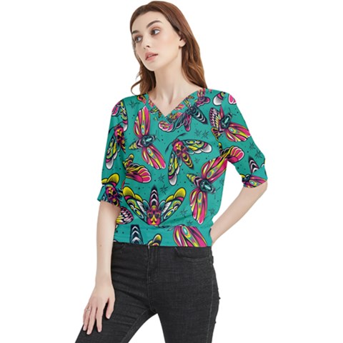 Vintage Colorful Insects Seamless Pattern Quarter Sleeve Blouse by Pakemis