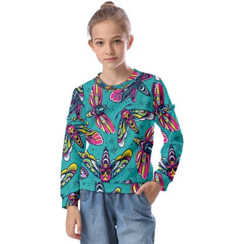 Vintage Colorful Insects Seamless Pattern Kids  Long Sleeve Tee With Frill  by Pakemis