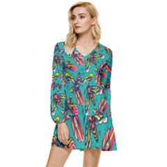 Vintage Colorful Insects Seamless Pattern Tiered Long Sleeve Mini Dress by Pakemis