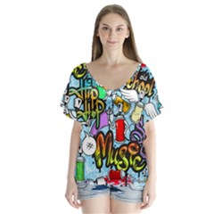 Graffiti Characters Seamless Patterns V-neck Flutter Sleeve Top by Pakemis