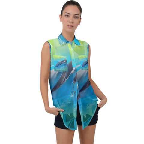 Beautiful Dolphins Sleeveless Chiffon Button Shirt by Sparkle