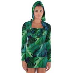 Tropical Green Leaves Background Long Sleeve Hooded T-shirt by Pakemis