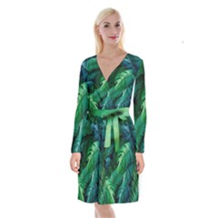 Tropical Green Leaves Background Long Sleeve Velvet Front Wrap Dress by Pakemis