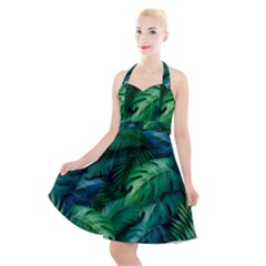 Tropical Green Leaves Background Halter Party Swing Dress  by Pakemis