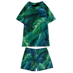 Tropical Green Leaves Background Kids  Swim Tee And Shorts Set by Pakemis