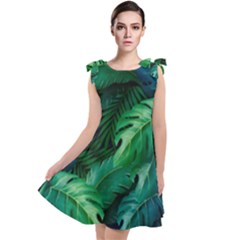 Tropical Green Leaves Background Tie Up Tunic Dress by Pakemis