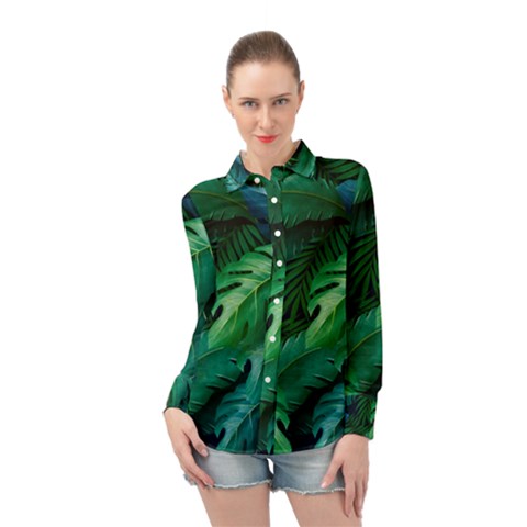 Tropical Green Leaves Background Long Sleeve Chiffon Shirt by Pakemis