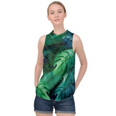 Tropical Green Leaves Background High Neck Satin Top by Pakemis