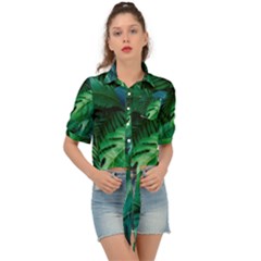 Tropical Green Leaves Background Tie Front Shirt  by Pakemis