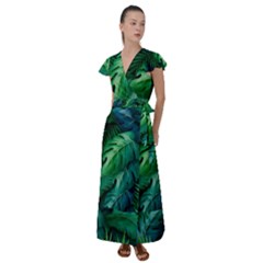 Tropical Green Leaves Background Flutter Sleeve Maxi Dress by Pakemis