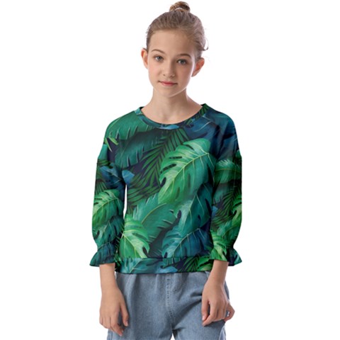 Tropical Green Leaves Background Kids  Cuff Sleeve Top by Pakemis