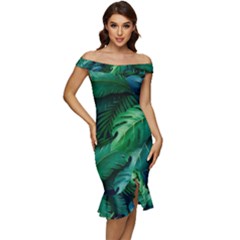 Tropical Green Leaves Background Off Shoulder Ruffle Split Hem Bodycon Dress by Pakemis