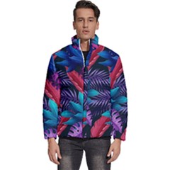 Background With Violet Blue Tropical Leaves Men s Puffer Bubble Jacket Coat by Pakemis