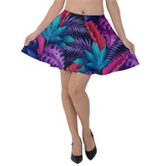 Background With Violet Blue Tropical Leaves Velvet Skater Skirt