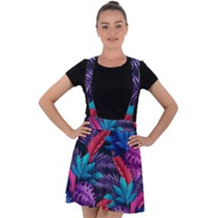 Background With Violet Blue Tropical Leaves Velvet Suspender Skater Skirt