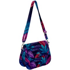 Background With Violet Blue Tropical Leaves Saddle Handbag by Pakemis