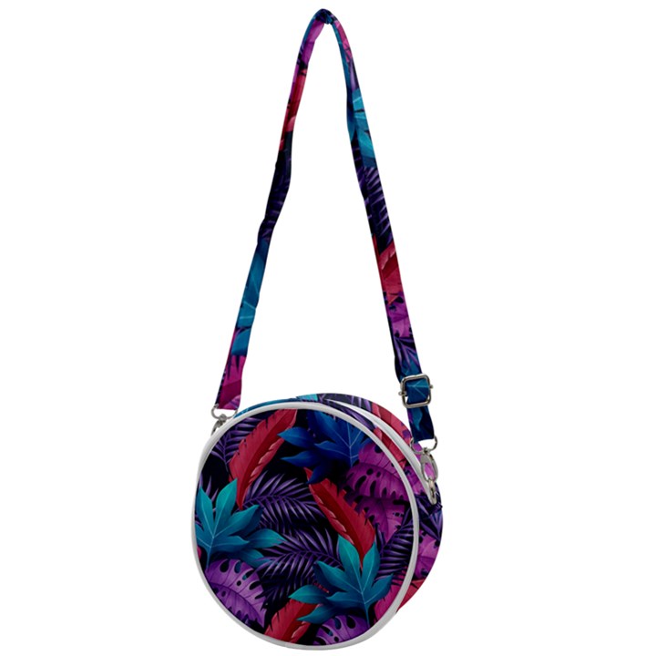 Background With Violet Blue Tropical Leaves Crossbody Circle Bag