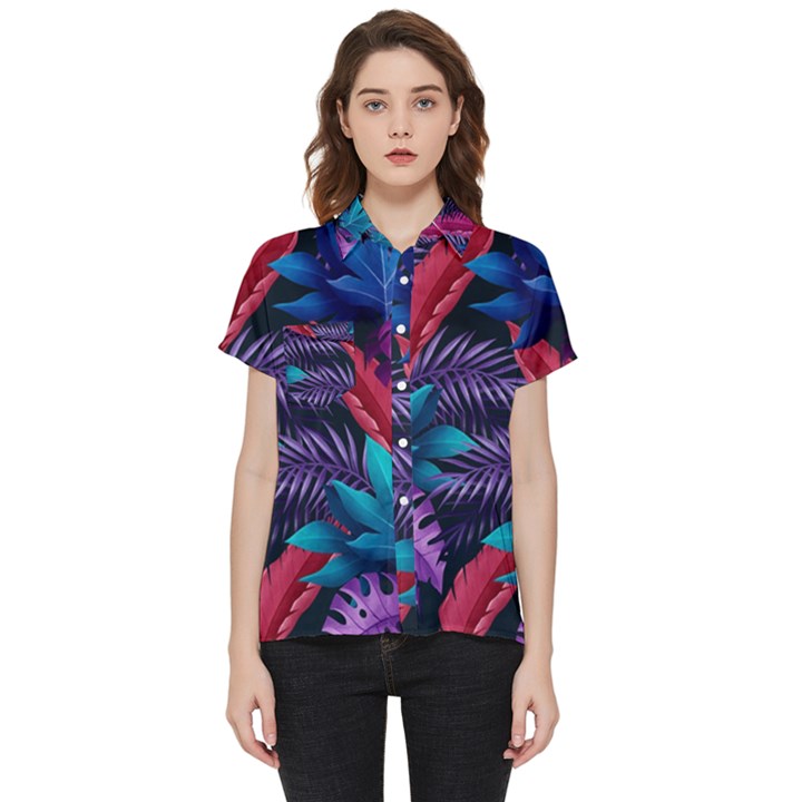 Background With Violet Blue Tropical Leaves Short Sleeve Pocket Shirt