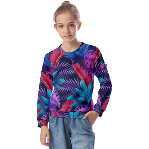 Background With Violet Blue Tropical Leaves Kids  Long Sleeve Tee With Frill  by Pakemis