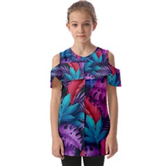 Background With Violet Blue Tropical Leaves Fold Over Open Sleeve Top