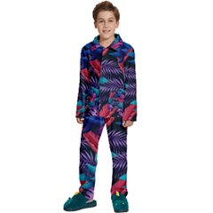 Background With Violet Blue Tropical Leaves Kids  Long Sleeve Velvet Pajamas Set by Pakemis