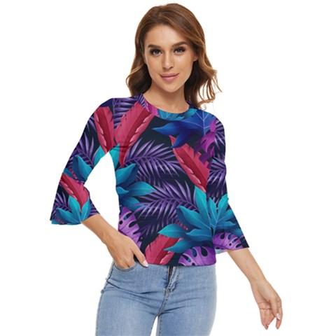 Background With Violet Blue Tropical Leaves Bell Sleeve Top by Pakemis