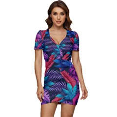 Background With Violet Blue Tropical Leaves Low Cut Cap Sleeve Mini Dress by Pakemis