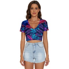 Background With Violet Blue Tropical Leaves V-neck Crop Top