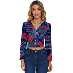 Background With Violet Blue Tropical Leaves Long Sleeve V-neck Top