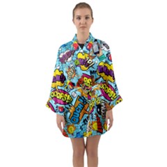 Comic Elements Colorful Seamless Pattern Long Sleeve Satin Kimono by Pakemis