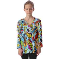 Comic Elements Colorful Seamless Pattern Kids  V Neck Casual Top