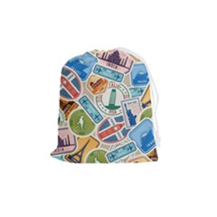 Travel Pattern Immigration Stamps Stickers With Historical Cultural Objects Travelling Visa Immigran Drawstring Pouch (medium) by Pakemis