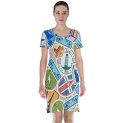 Travel Pattern Immigration Stamps Stickers With Historical Cultural Objects Travelling Visa Immigran Short Sleeve Nightdress by Pakemis