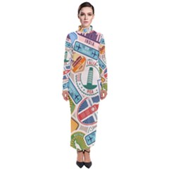 Travel Pattern Immigration Stamps Stickers With Historical Cultural Objects Travelling Visa Immigran Turtleneck Maxi Dress by Pakemis