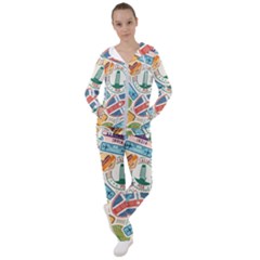 Travel Pattern Immigration Stamps Stickers With Historical Cultural Objects Travelling Visa Immigran Women s Tracksuit